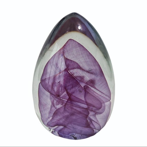 Large Heavy Blown Glass Egg Paperweight Home Decor 6 Inch Purple Swirled Vintage - Picture 7 of 7